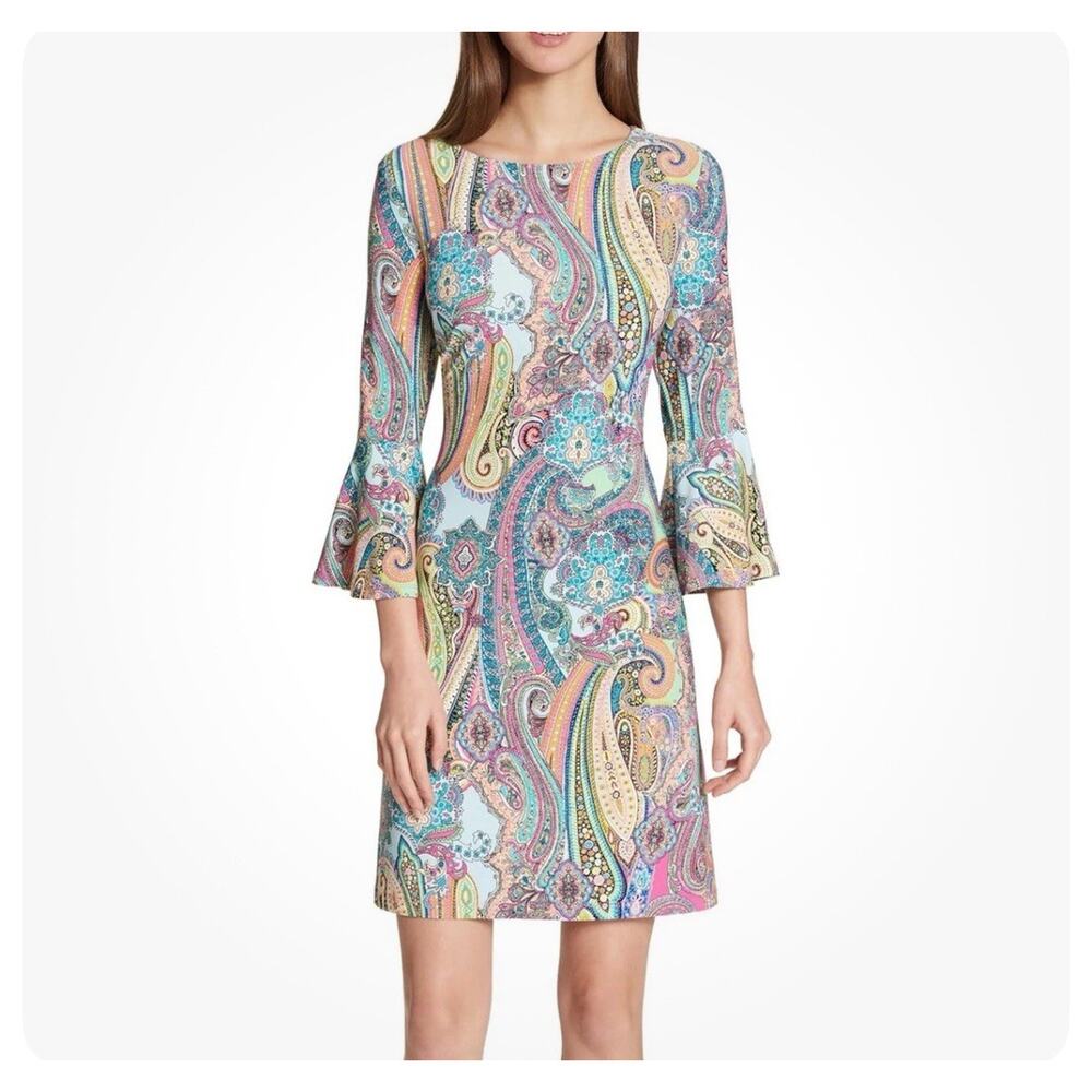 Tommy Hilfiger Women Dress 10 Large Blue Pink Paisley A Line Dress New NWT